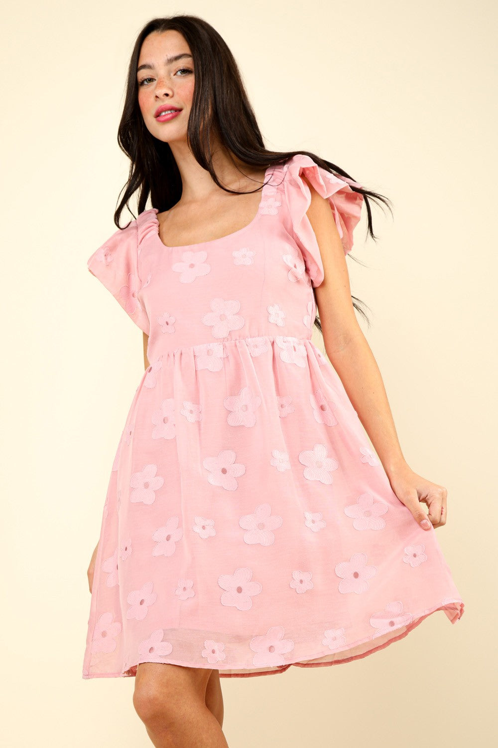 VERY J Flower Embroidered Organza Mini Dress