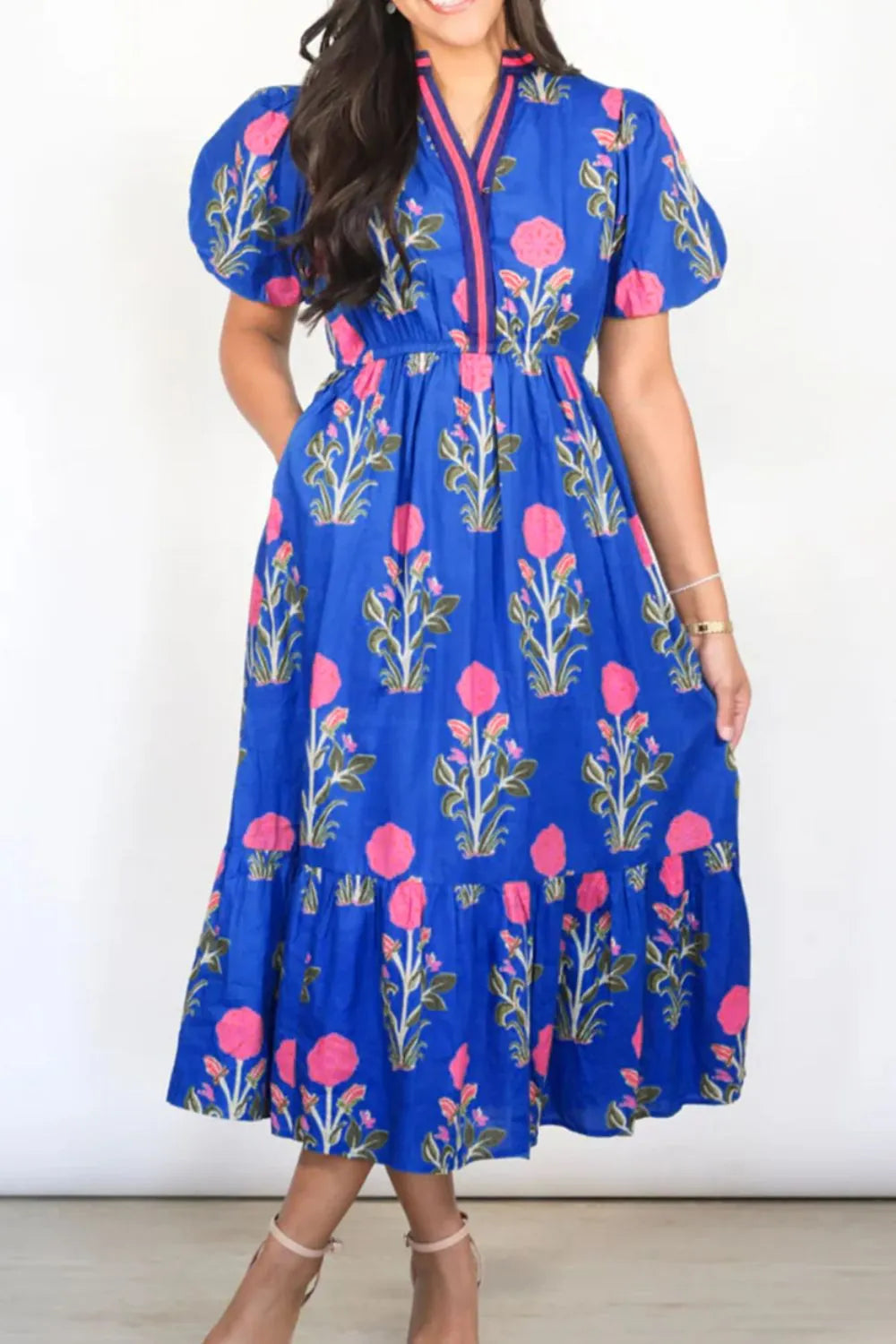 Floral Puff Short Sleeve Notched High Waist Dress - product image 2