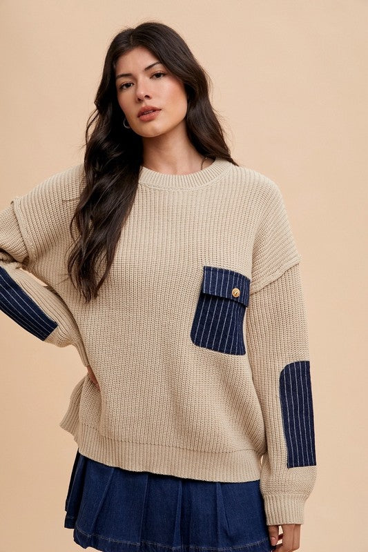 Annie Wear Contrast Round Neck Drop Shoulder Sweater with Patch Pocket