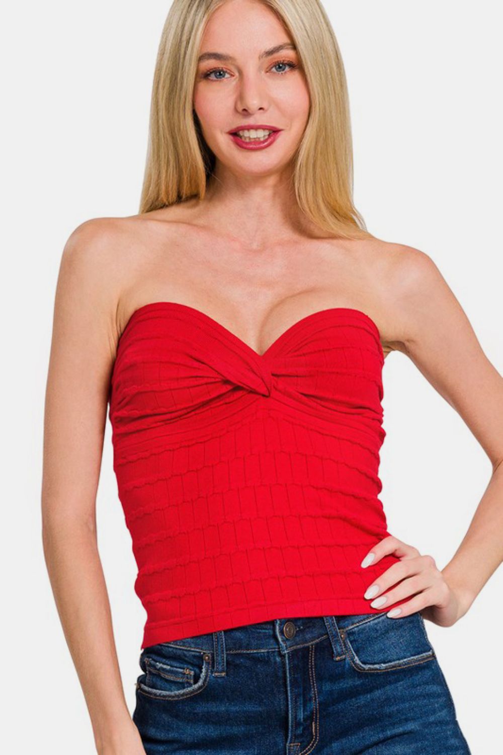 Zenana Ruched Twisted Sweetheart Neck Top