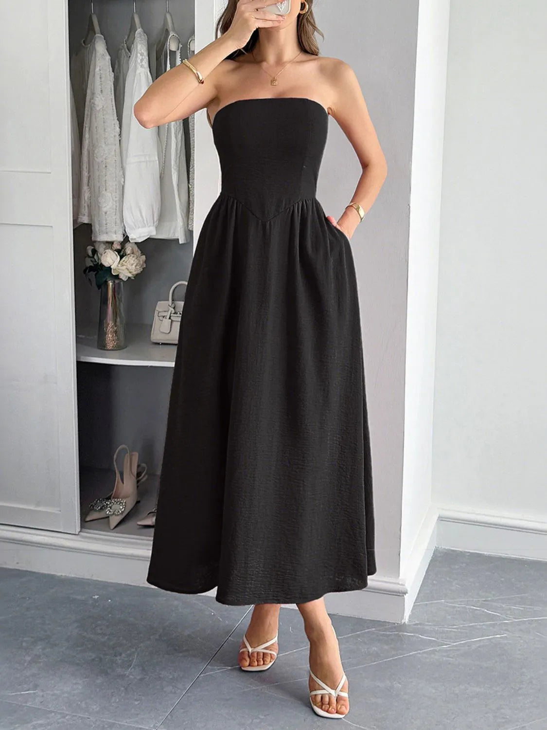 Strapless A-Line Midi Dress with Pockets Main image