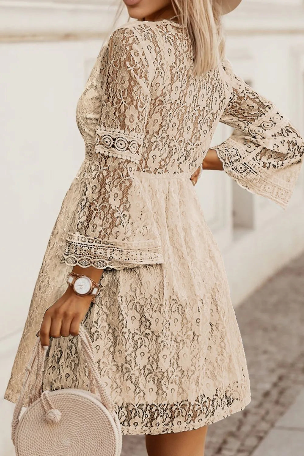 Lace V-Neck Three-Quarter Sleeve Dress view 2 - Shopiebay
