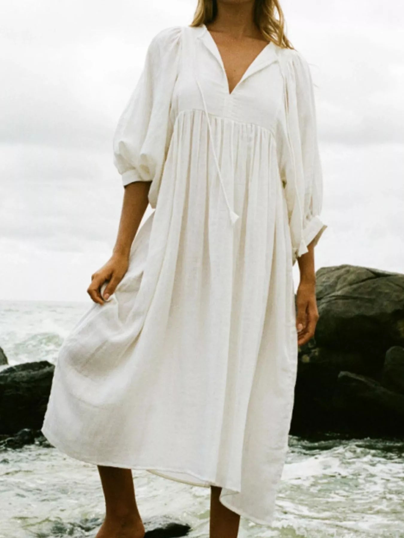 Tie Neck 3/4 Sleeve Midi Dress Main image
