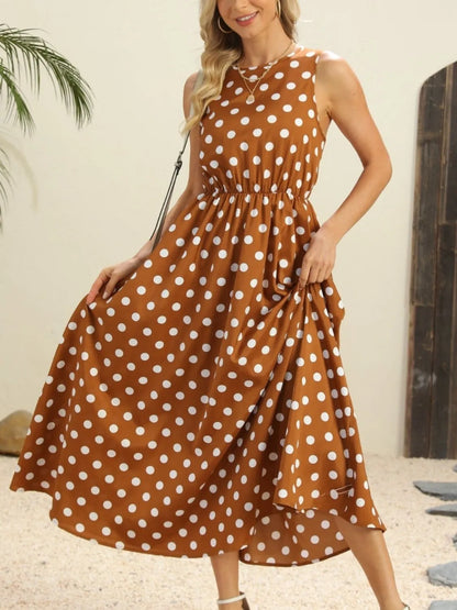 Polka Dot Round Neck Sleeveless Midi Dress view 5 - Shopiebay