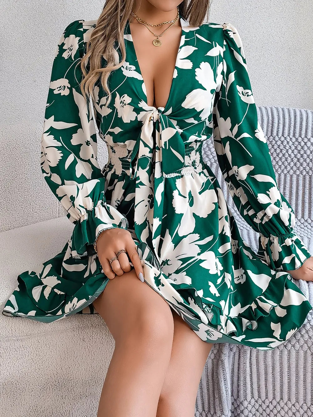 Tied Ruffled Printed Long Sleeve Dress - product image 12