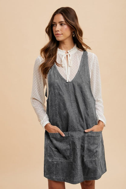 Annie Wear V-Neck Adjustable Strap Denim Overall Dress with Pockets