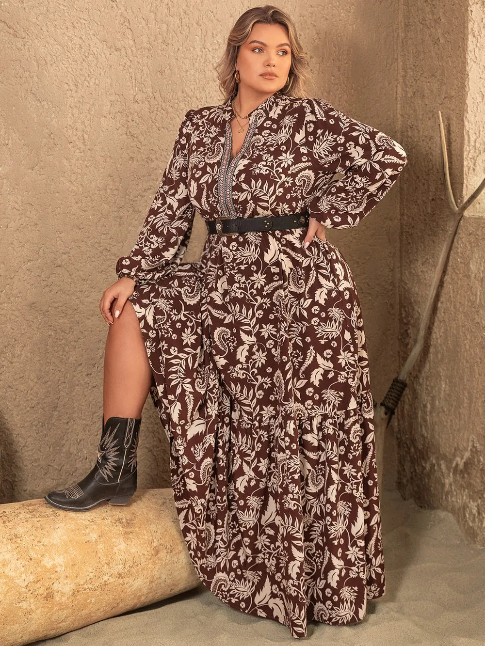 Plus Size Notched Balloon Sleeve Printed Maxi Dress - product image 4