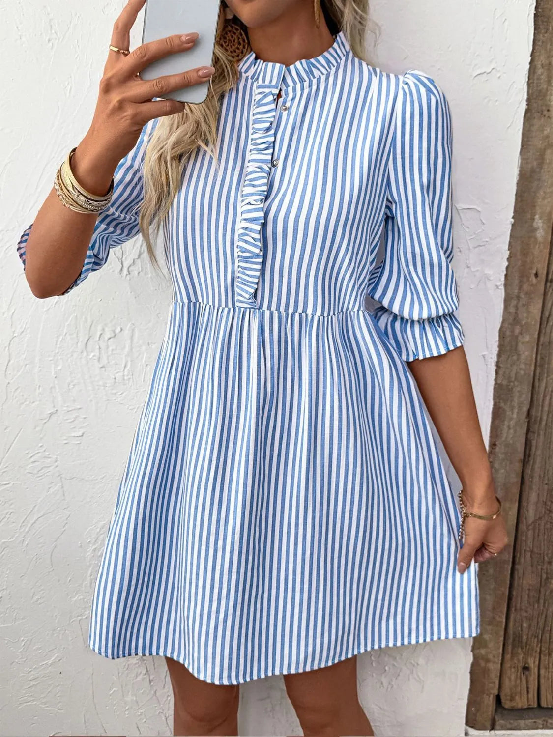 Striped Half Sleeve Mini Shirt Dress view 5 - Shopiebay