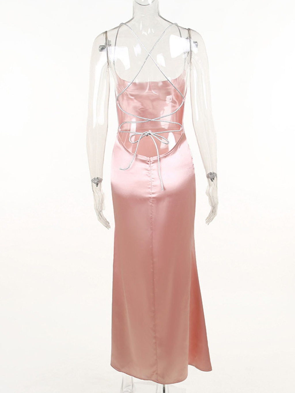 Slinky Satin Cowl Neck High Slit Dress with Back Lace Up - product image 13