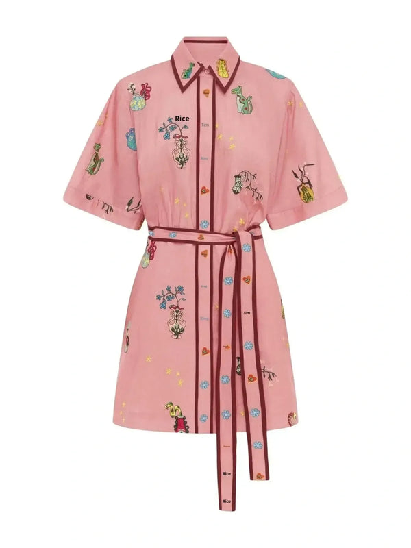Embroidered Tie Waist Shirt Dress - product image 6