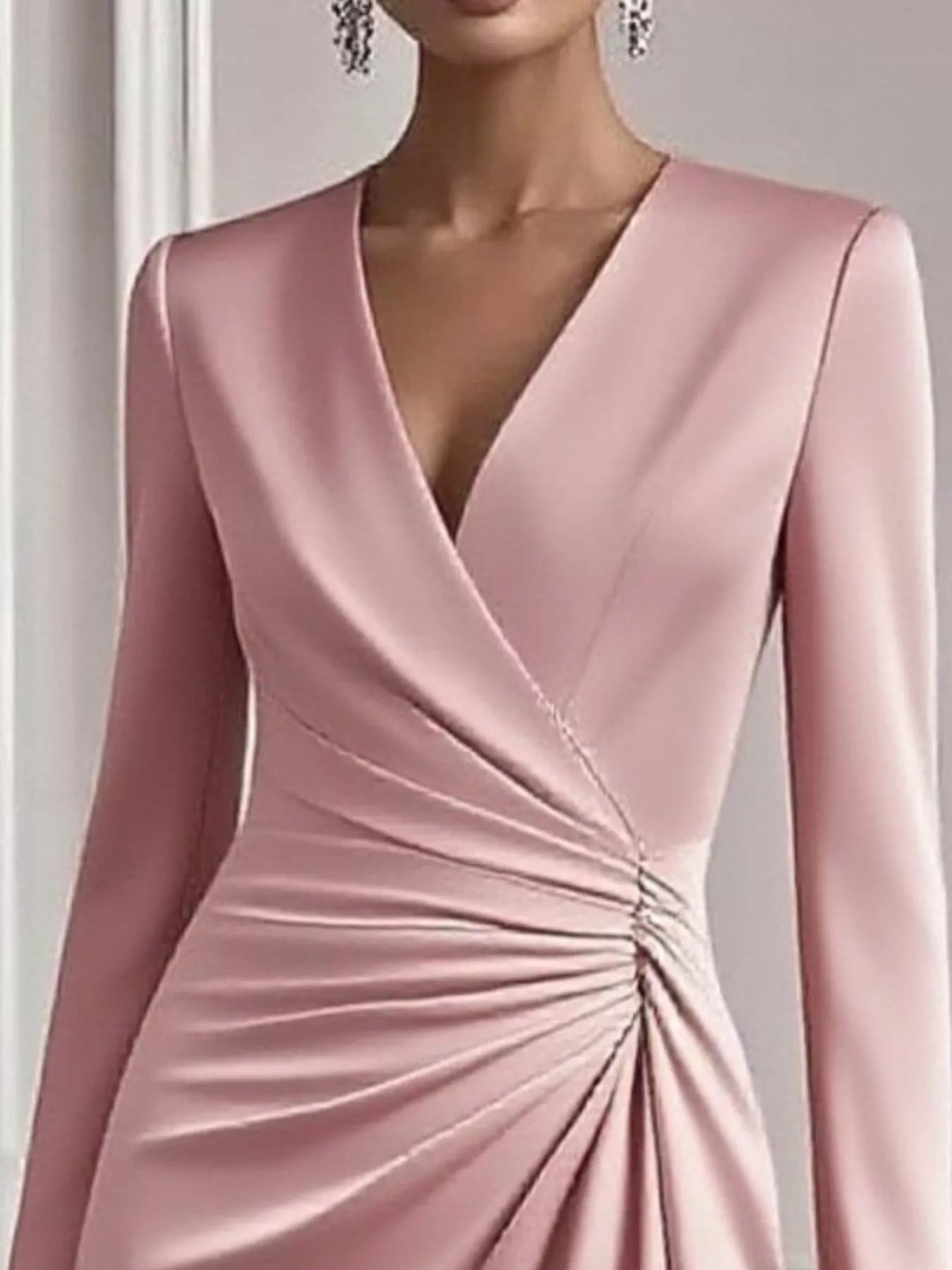 Front Ruched V-Neck Long Sleeve Dress view 10 - Shopiebay