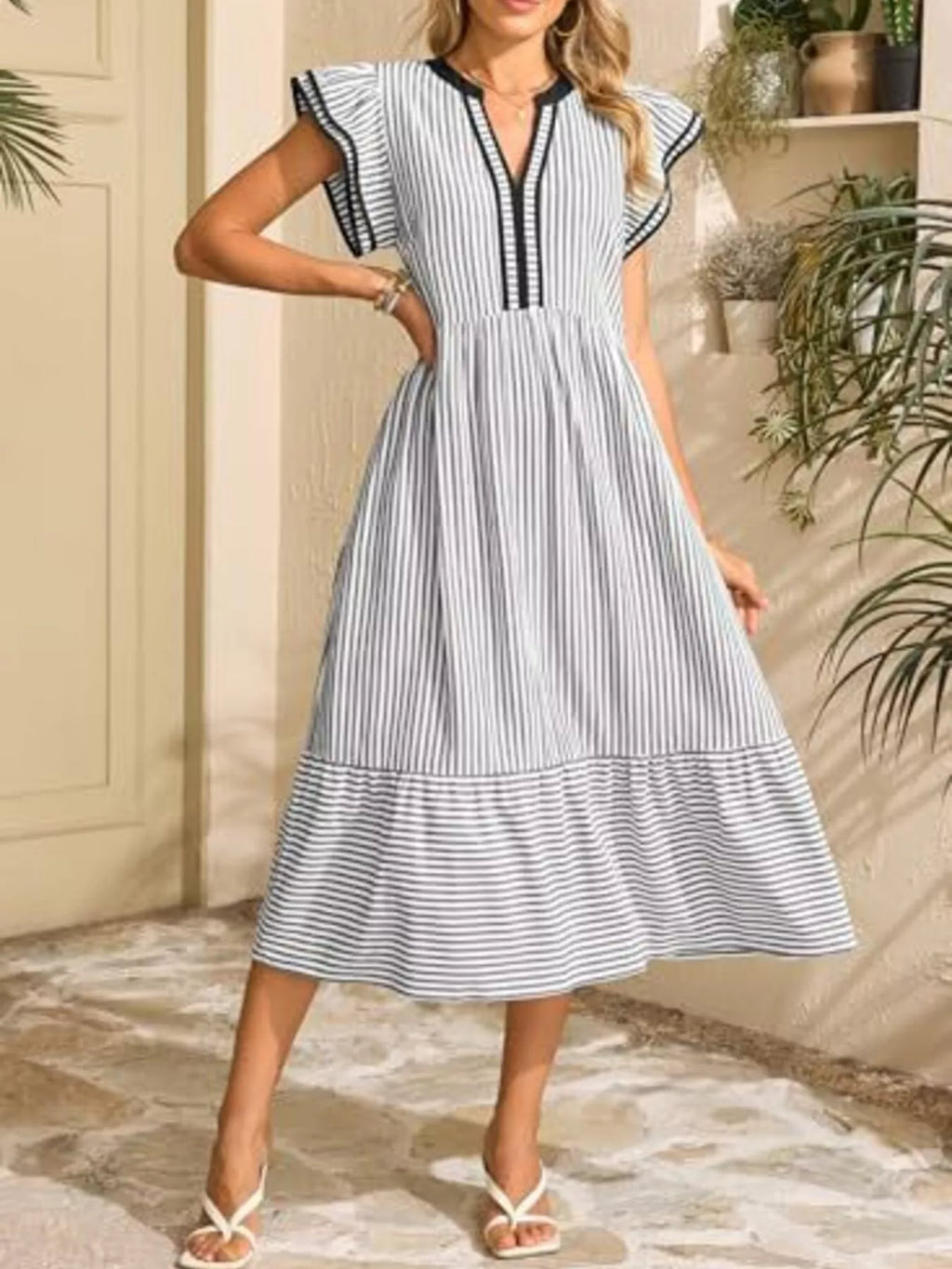 Striped Notched Ruffle Sleeve Dress - product image 6