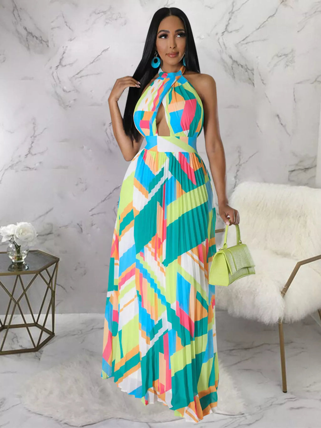 Halter Neck Geometric Print Pleated Maxi Dress - product image 7