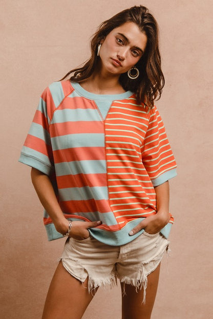 BiBi Striped Round Neck Half Sleeve French Terry Top