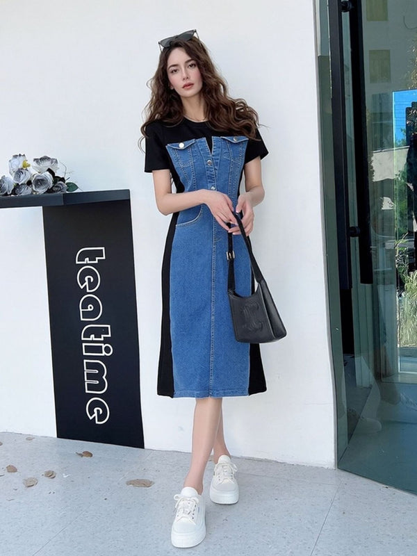 Full Size Denim Patchwork Short Sleeve Slit Back Dress Plus Size - product image 6