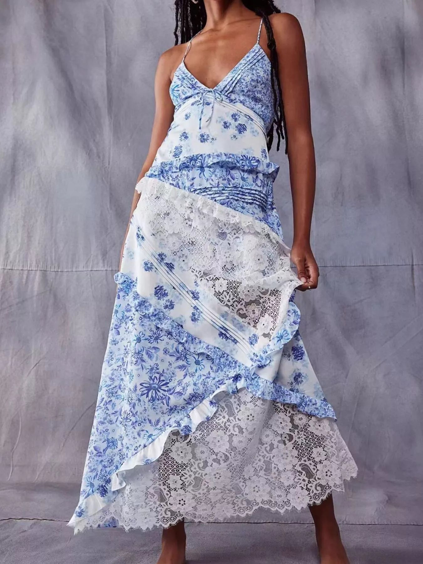 Lace Detail Ruffled Floral V-Neck Maxi Dress - product image 5