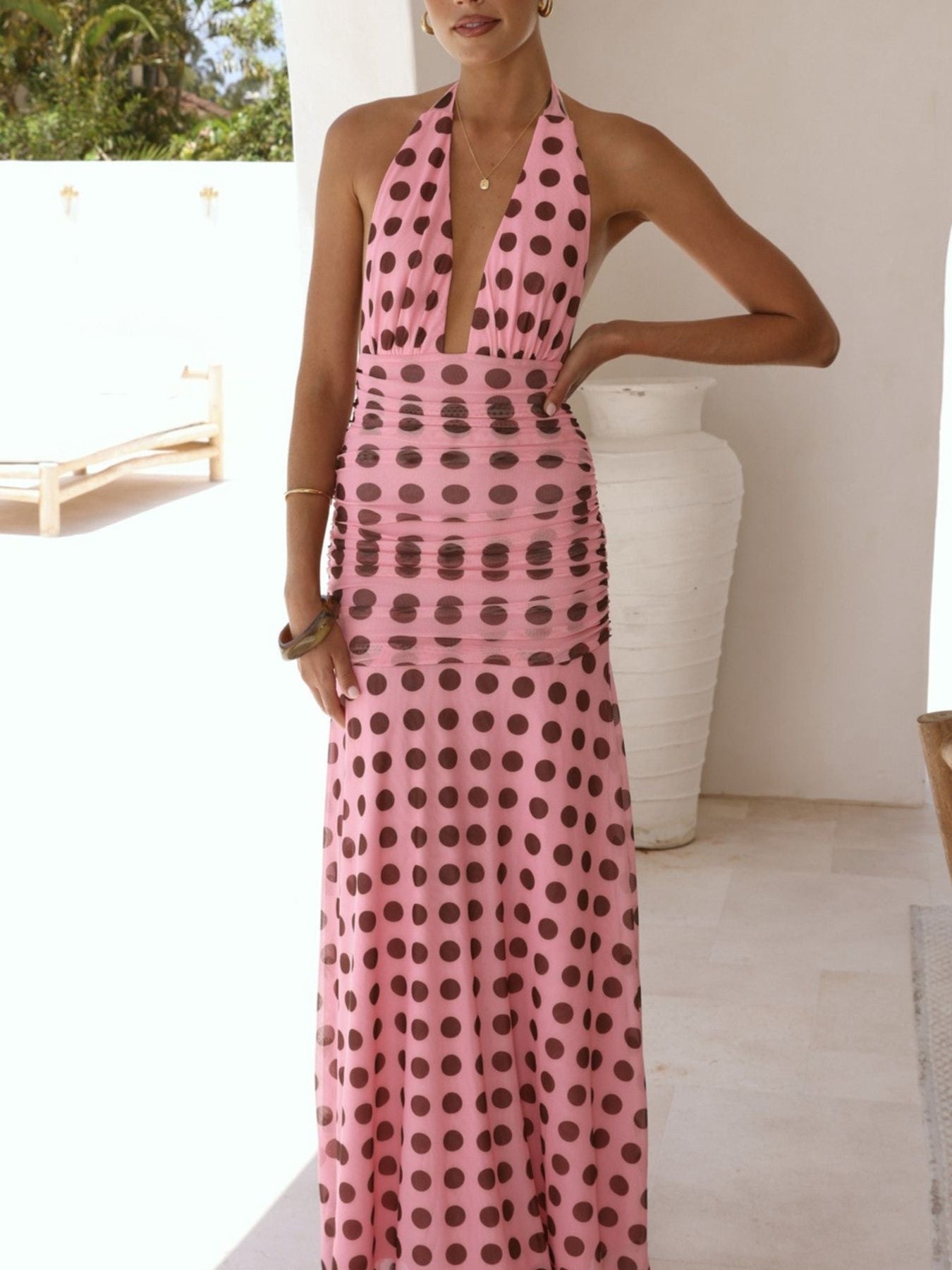 Polka Dot Halter Ruched Maxi Dress view 12 - Shopiebay