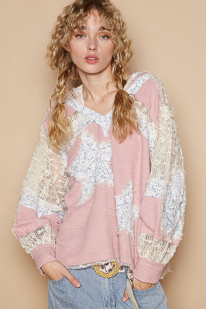 POL Star Patch Lace Long Sleeve Hooded Top