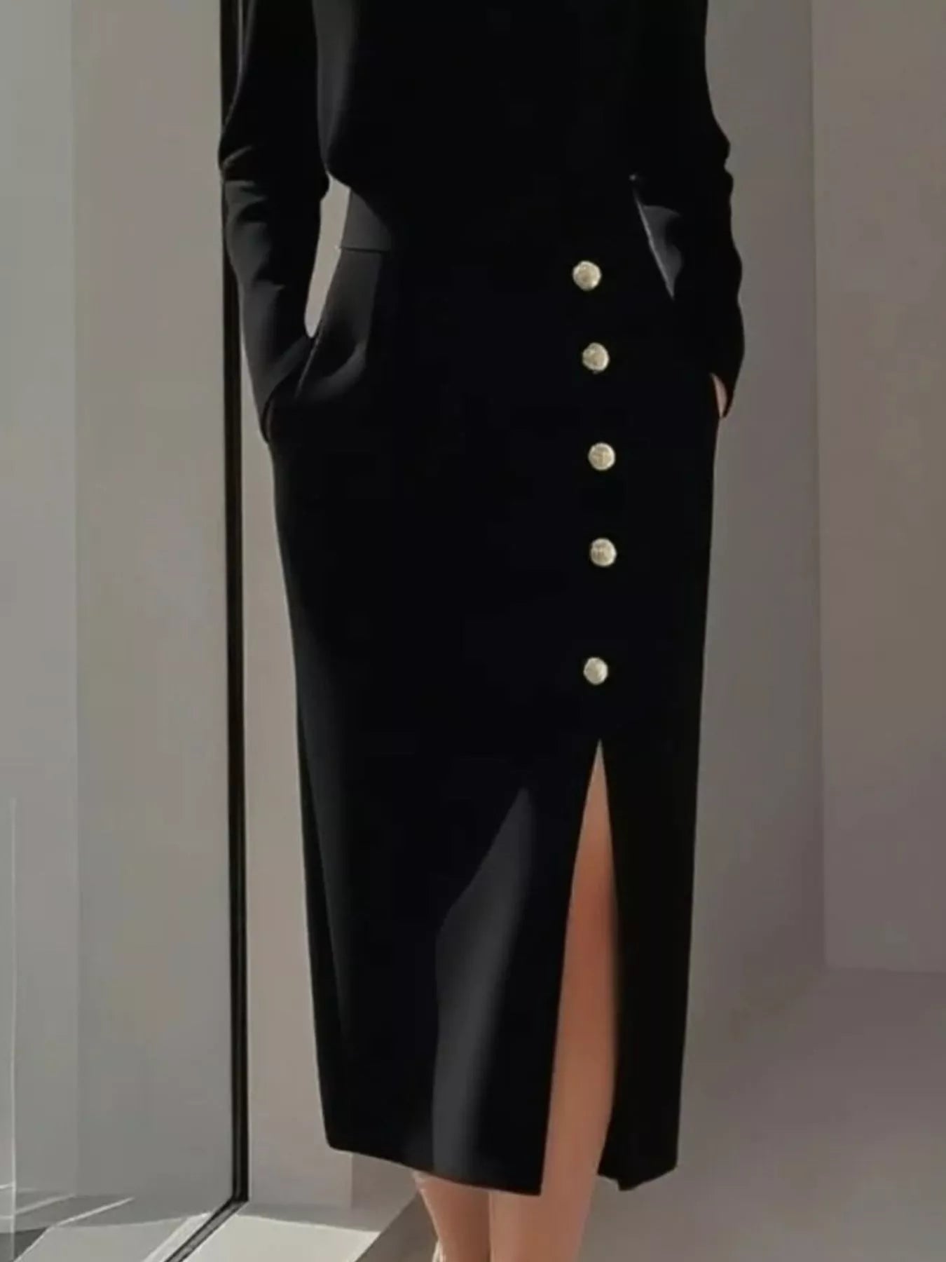 Long Sleeve Button Detail Midi Dress with Side Slit view 6 - Shopiebay
