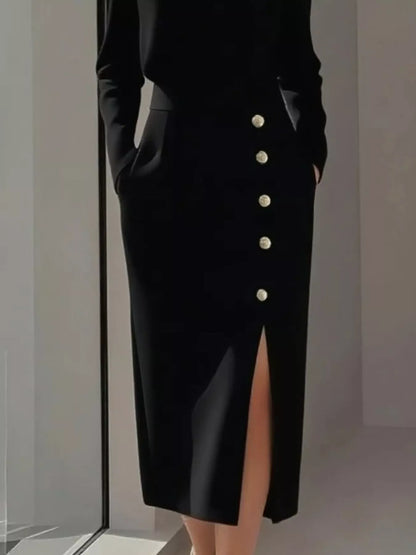 Long Sleeve Button Detail Midi Dress with Side Slit view 6 - Shopiebay