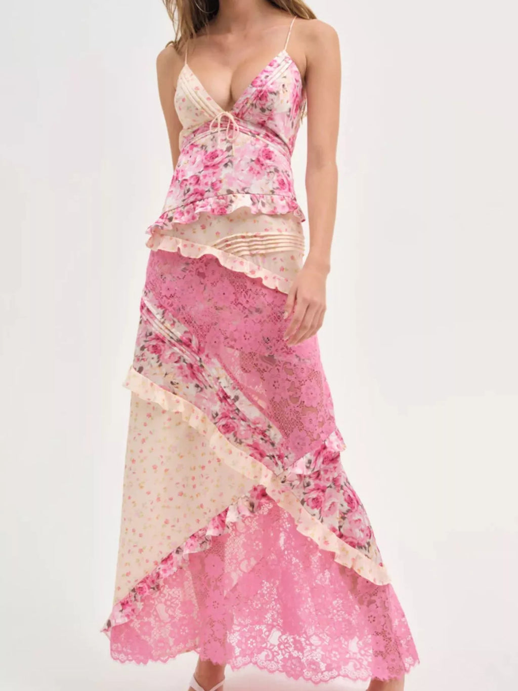 Lace Detail Ruffled Floral V-Neck Maxi Dress - product image 17