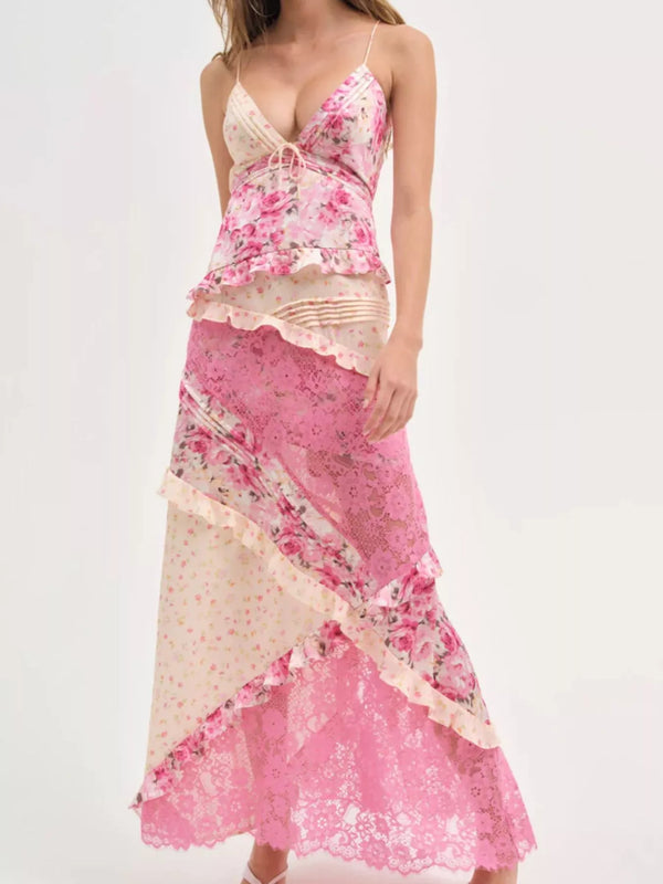 Lace Detail Ruffled Floral V-Neck Maxi Dress - product image 17
