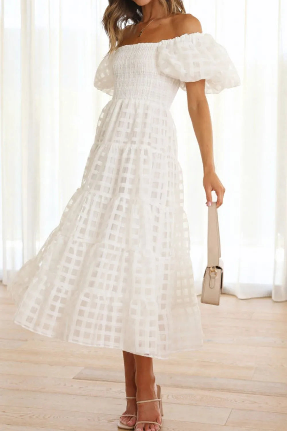 Off Shoulder Short Puff Sleeve Midi Dress view 12 - Shopiebay