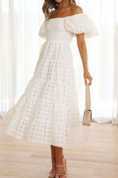 Off Shoulder Short Puff Sleeve Midi Dress view 12 - Shopiebay