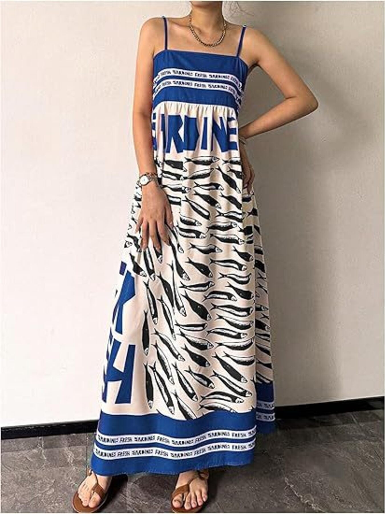 Sardine Print Spaghetti Strap Maxi Dress view 4 - Shopiebay