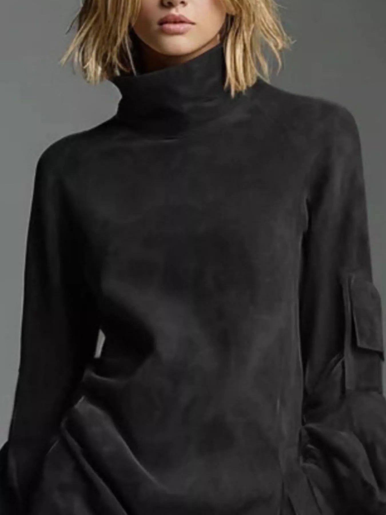 Full Size Suede Turtleneck Lantern Sleeve Mini Dress Plus Size view 10 - Shopiebay