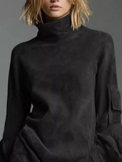 Full Size Suede Turtleneck Lantern Sleeve Mini Dress Plus Size view 10 - Shopiebay