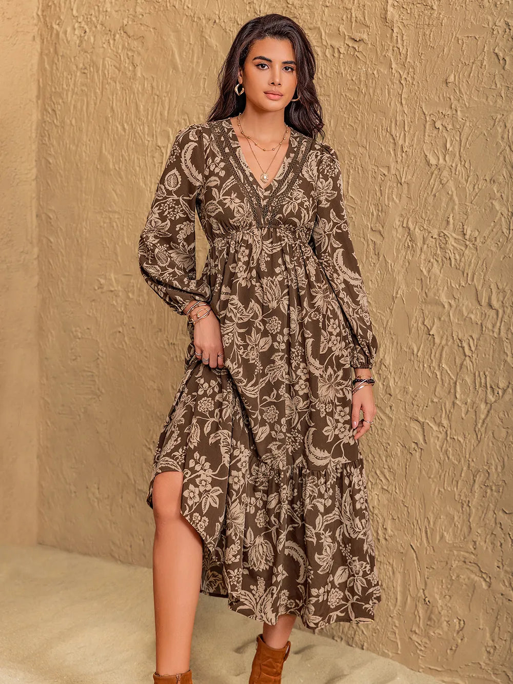 Ruched Printed V-Neck Long Sleeve Midi Dress - product image 4