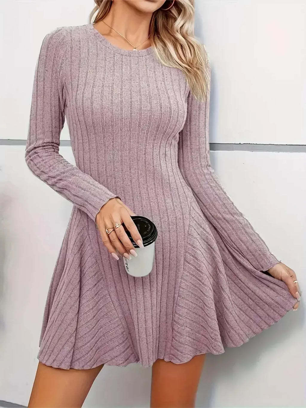 Ribbed Knit Long Sleeve A-Line Dress - product image 15