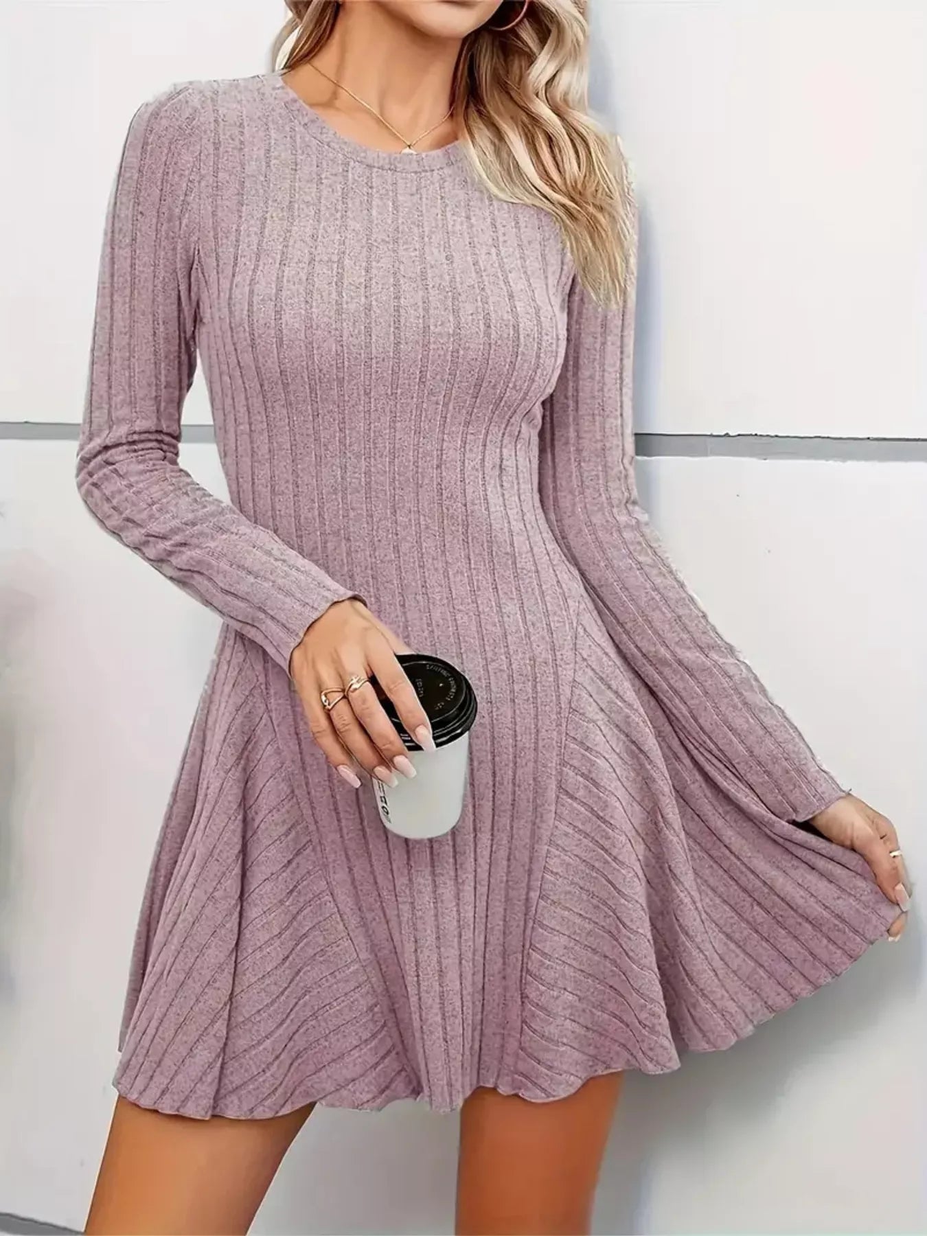 Ribbed Knit Long Sleeve A-Line Dress - product image 15