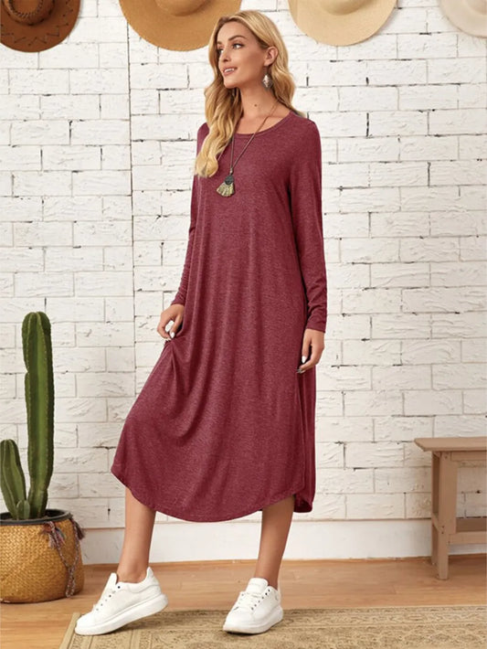 Pocketed Round Neck Long Sleeve Tee Dress view 2 - Shopiebay