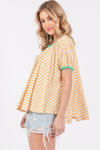 Ces Femme Striped Round Neck Short Sleeve T-Shirt