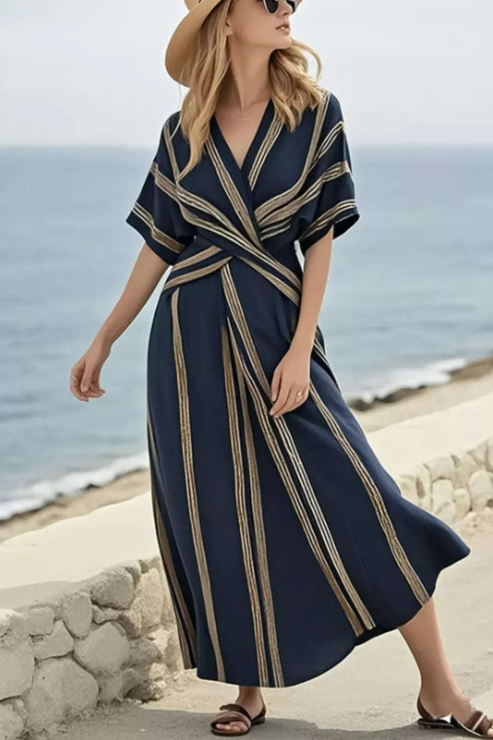 Striped Wrap Half Sleeve Maxi Dress - product image 4