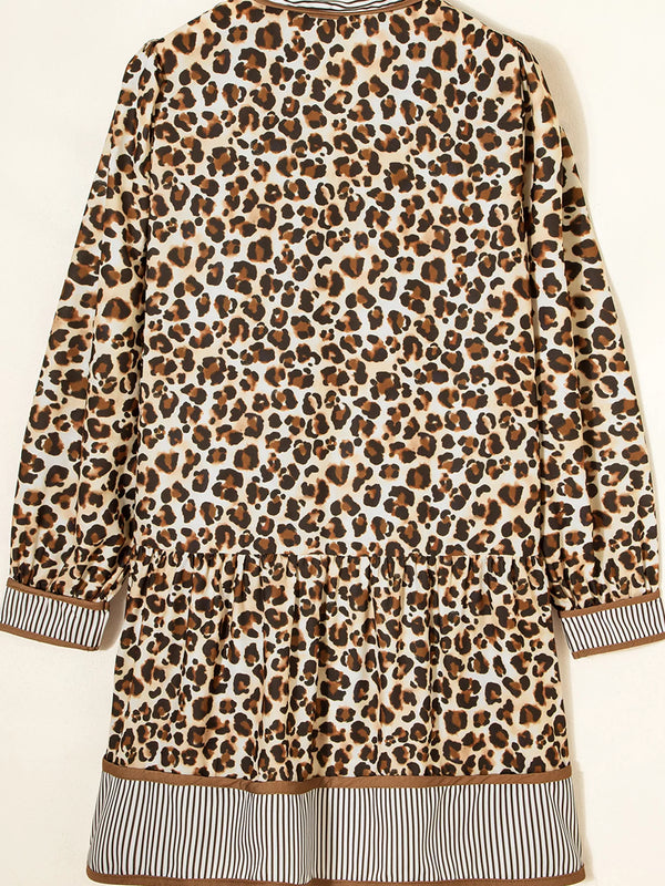 Leopard Print Striped Patchwork 3/4 Sleeve Loose Mini Dress view 4 - Shopiebay