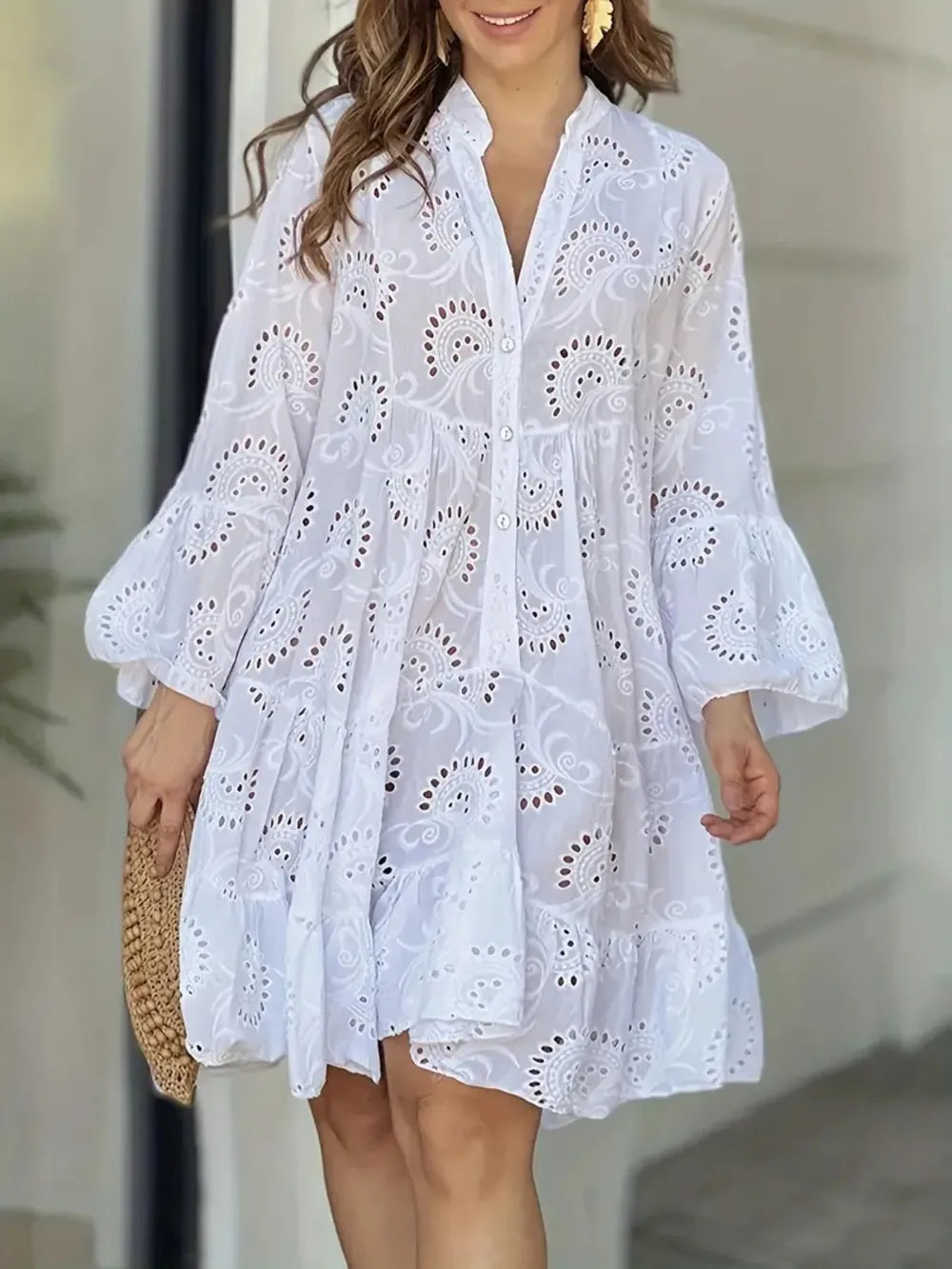 Ruffle Hem Eyelet Notched Long Sleeve Dress Main image