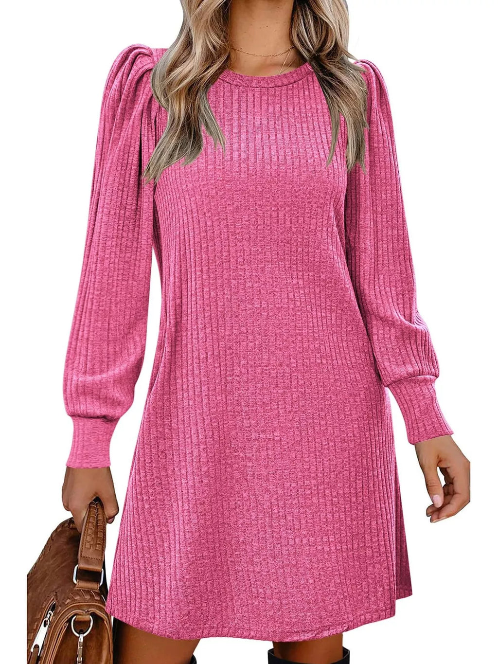 Ribbed Knit Puff Sleeve Casual Mini Dress - product image 3