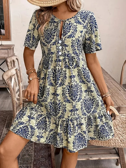 Printed Tie Neck Short Sleeve Dress view 10 - Shopiebay