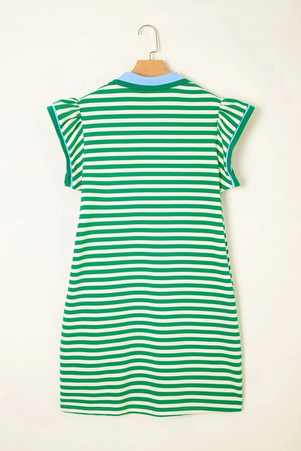 Stripe Print Contrast Collar Split Neck Flutter Sleeve Dress - product image 5