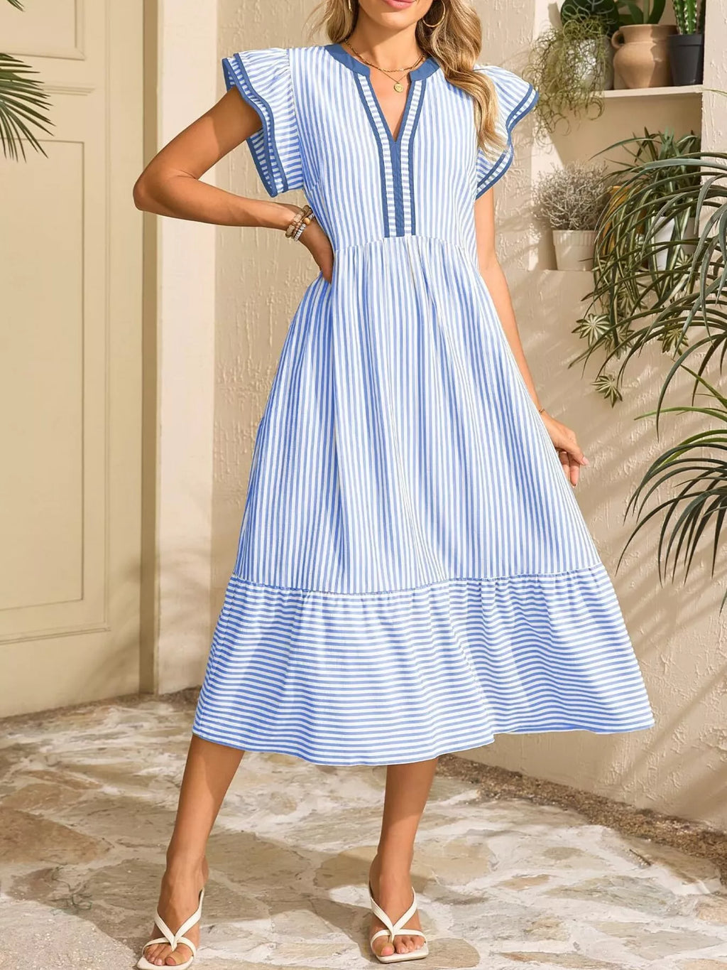 Striped Notched Ruffle Sleeve Dress - product image 2