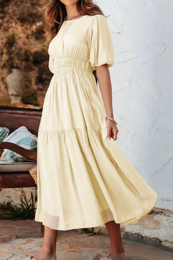 Puff Sleeve Pleated High Waist Flowy Midi Dress view 10 - Shopiebay