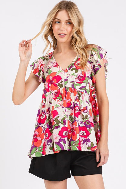 Mittoshop Floral V-Neck Ruffled Cap Sleeve Blouse