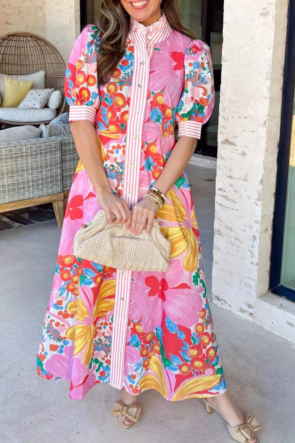 Floral Print Striped Trim Button Down Short Sleeve Maxi Dress - product image 3