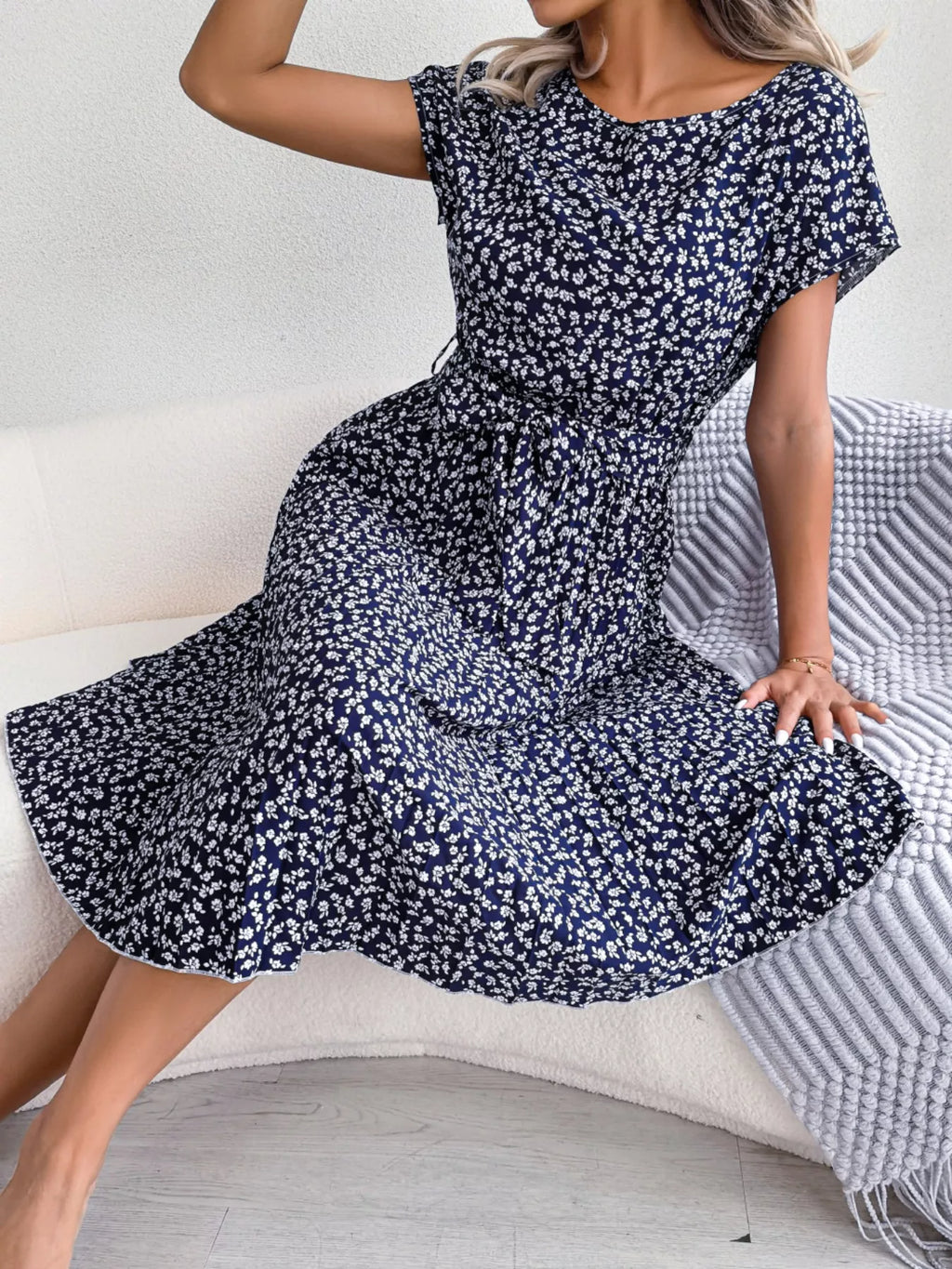 Women's Floral Pleated Midi Dress with Belt – Casual Spring Style - product image 10