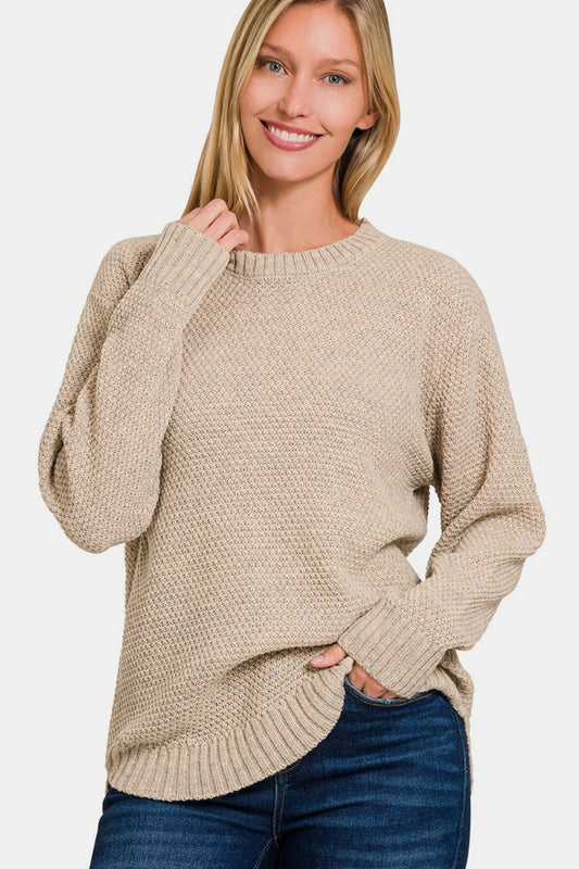 Zenana Ful Size Round Neck Long Sleeve Curved Hem Sweater