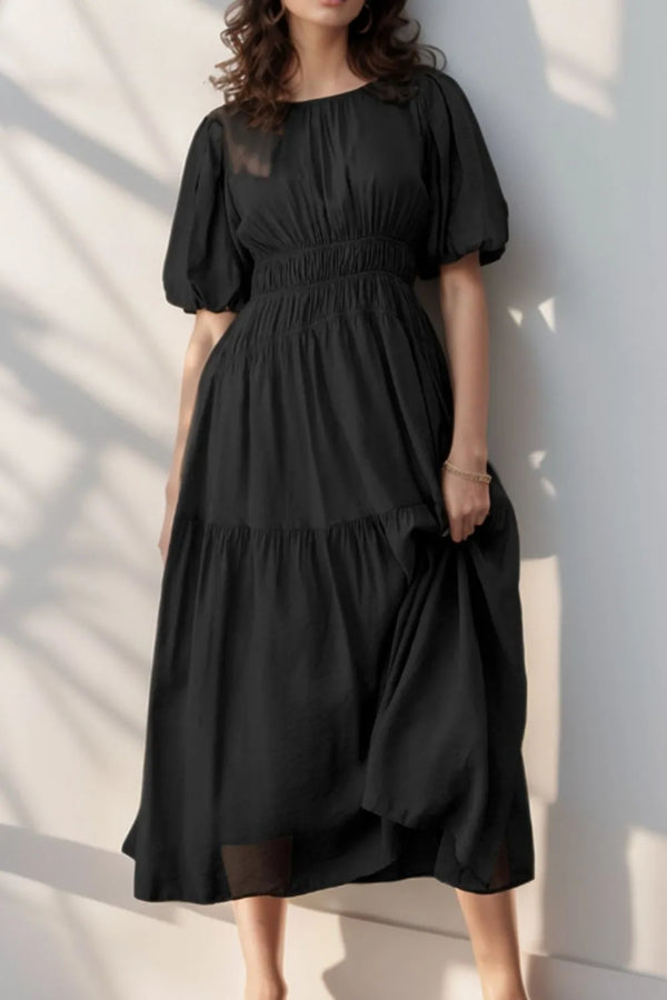 Puff Sleeve Pleated High Waist Flowy Midi Dress view 12 - Shopiebay