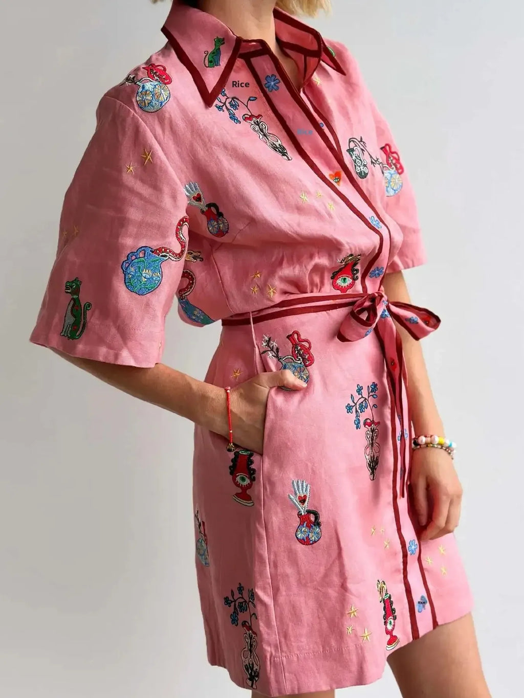 Embroidered Tie Waist Shirt Dress - product image 3